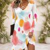 Women Criss Cross V Neck Long Sleeve Abstract Printed Casual Dress Curved Hem