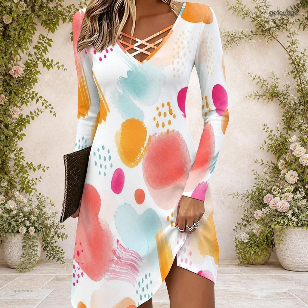 Women Criss Cross V Neck Long Sleeve Abstract Printed Casual Dress Curved Hem