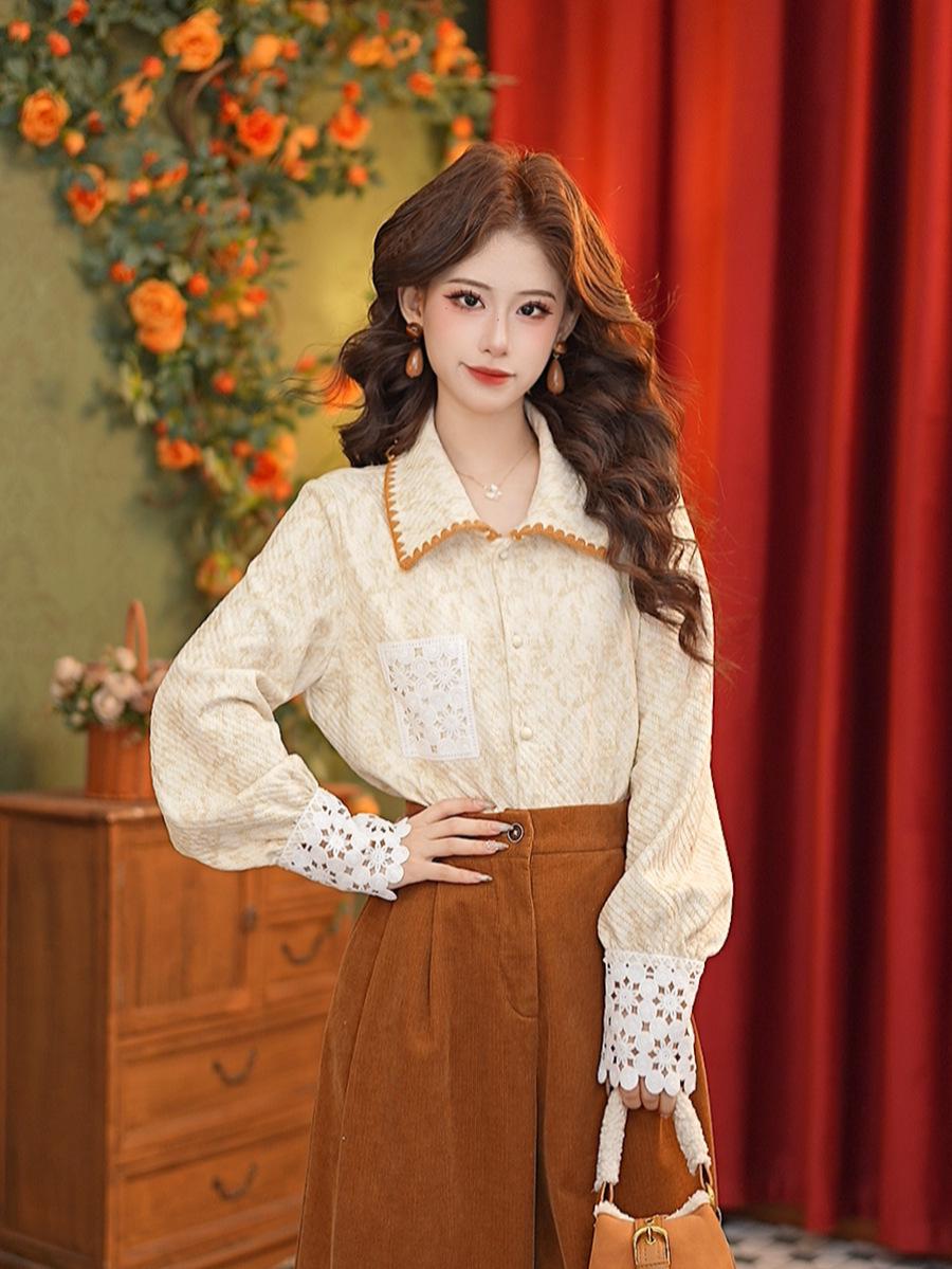 Zhang Jiayuan Hollow Lace Polo Collar Long Sleeve Women s Shirt #G14873 Medium абрикосовый