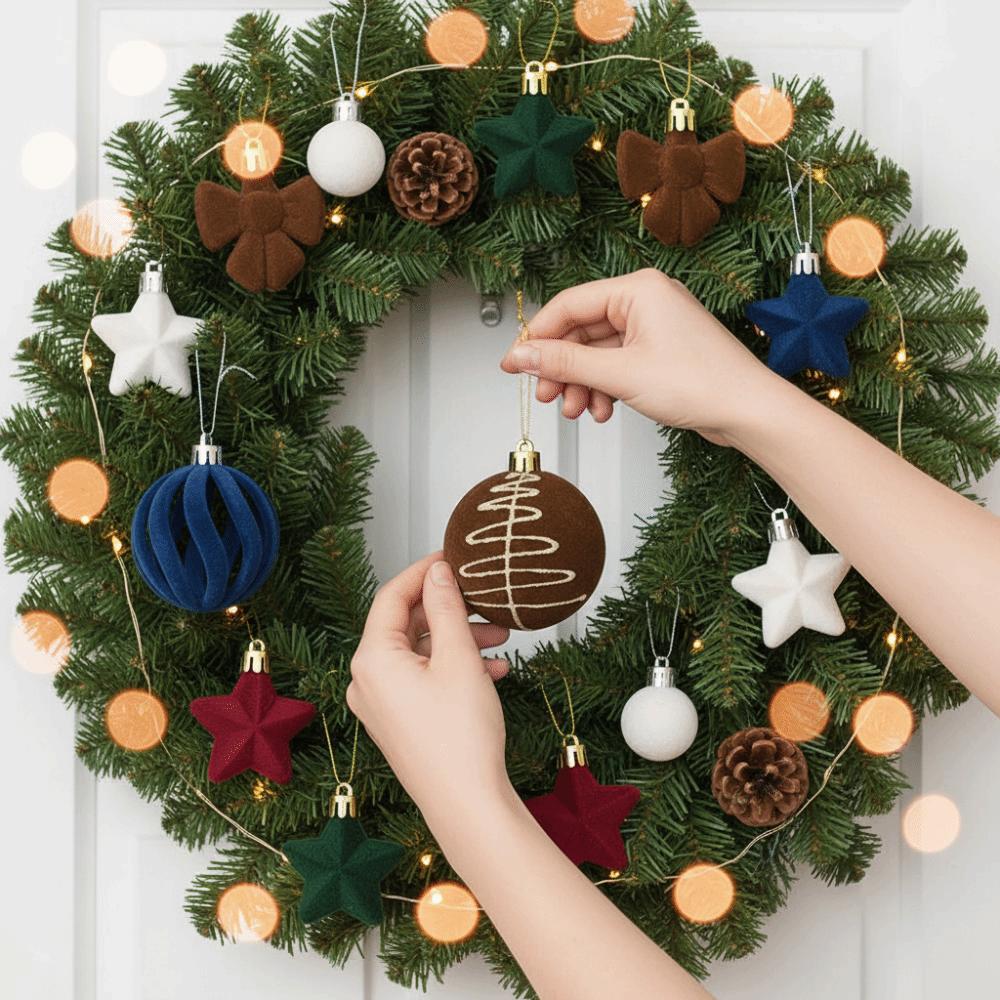 Assorted Xmas Tree Baubles Multicolor Flocked Tree Trinkets Velvet Hanging Spheres Neighbors