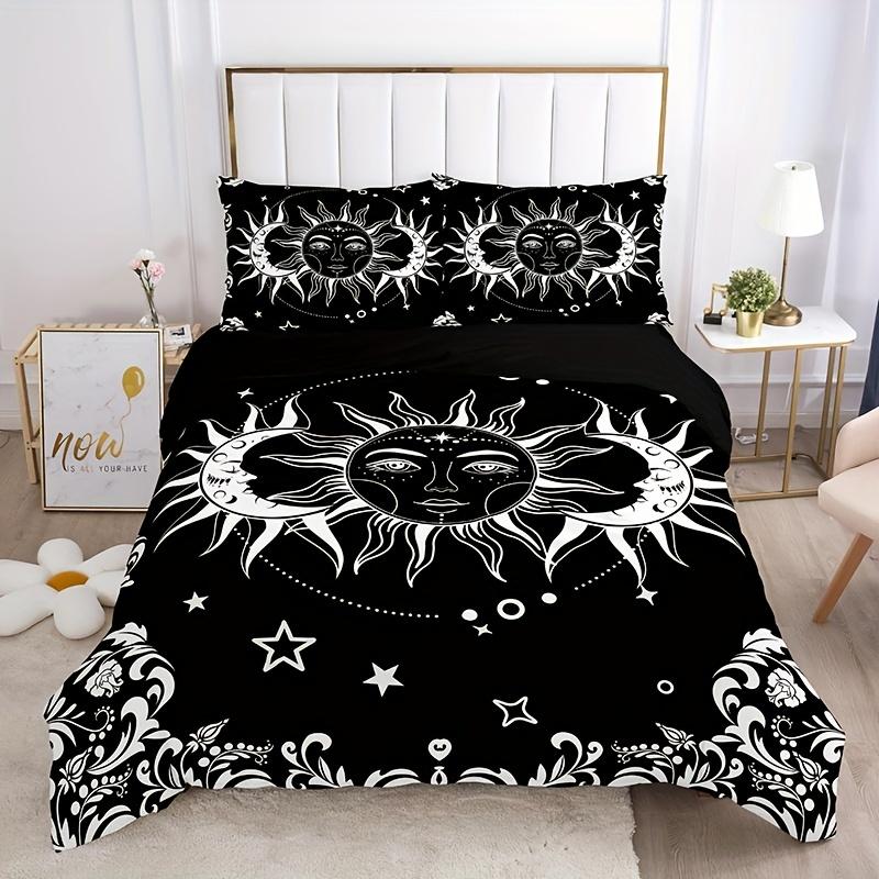 3pcs Black And White Sun And Moon Print Duvet Cover Set Includes 1 Duvet Cover And 2 Pillowcases (Core Not Included)