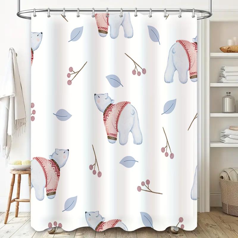 Winter-Themed Shower Curtain Featuring Cute Polar Bears Wearing Cozy Sweaters With Red Berries Leaves Design For Bathroom Decora