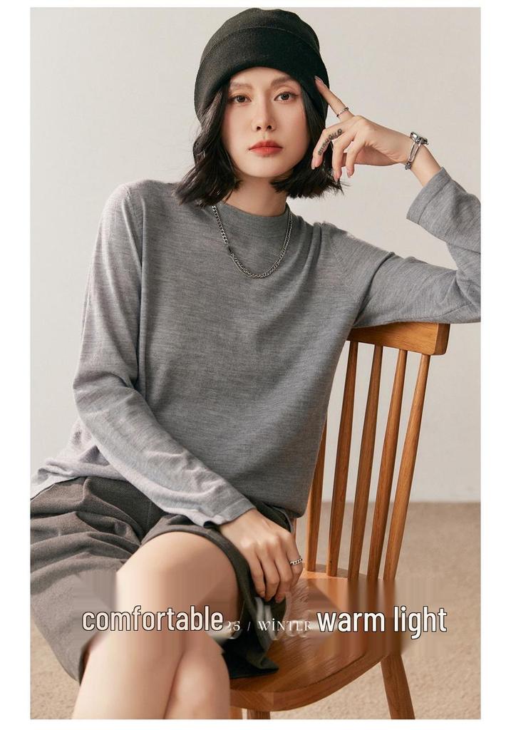 Women's Round Neck Wool Knit Pullover - Long Sleeve Base Layer Sweater