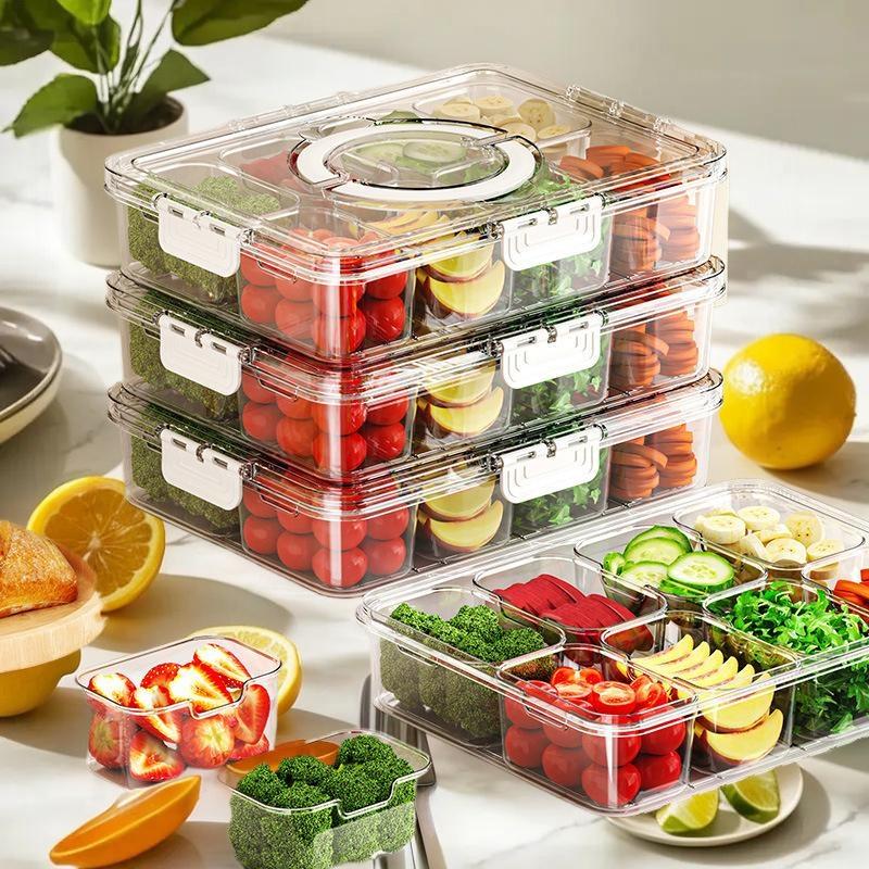 Divided Plate With Lid Food Storage Box Snack Box 8 Grid Snack Box Fruit Storage Box For Refrigerator Snack Vegetable Fruit Food