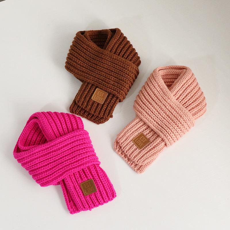 Korean Fashion Kids' Leather Patch Wool Scarf - Autumn/Winter Warm Neck Warmer for Boys, Girls, Babies