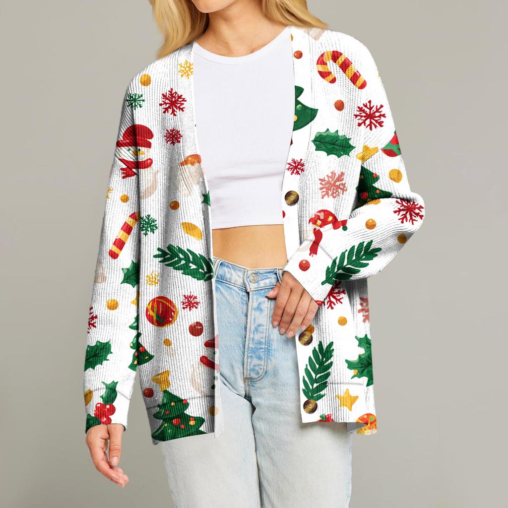 Women's Fashion Long Sleeve Print V-Neck Button Loose Cardigan Top