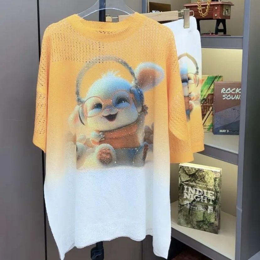 

Комплект женский вязаный из ледяного шелка, градиентный, с вырезами, топ и шорты с принтом кролика One Size