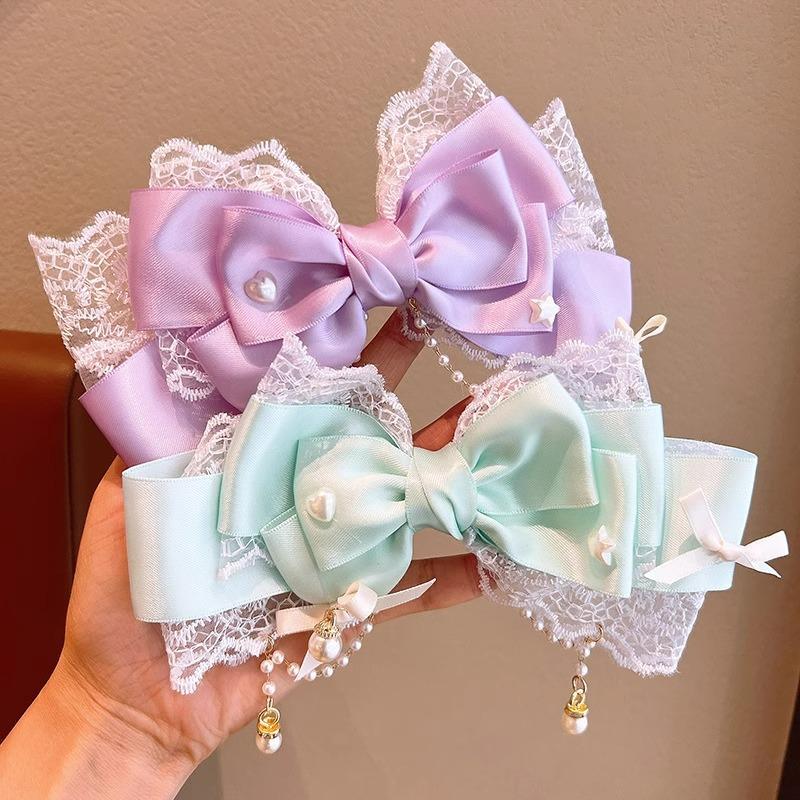 Girly Large Pink Bow Headpiece Pearl Lace KC Hairpin Princess Fashion Accessory Sweet Pearl Tassel Hair Clip Headwear