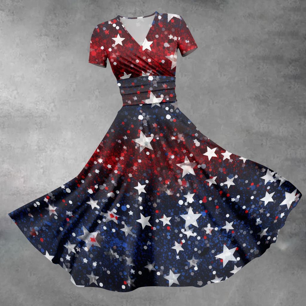 Damenmode Lässiges Independence Day Bedrucktes Kurzarmkleid Elegantes Maxikleid