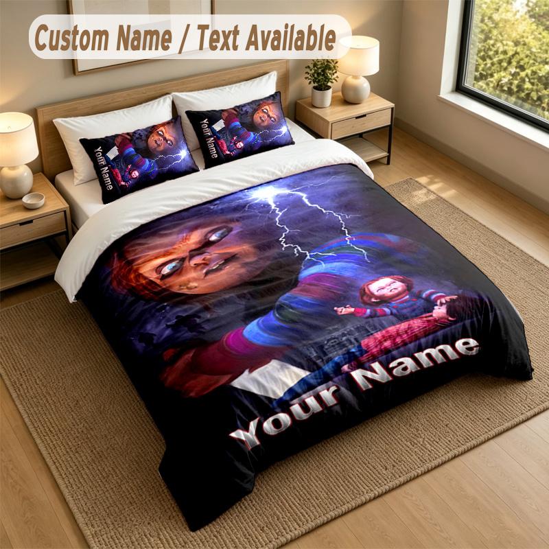 Set de așternuturi 3 buc. Nume text personalizat, 1 cearșaf 2 fețe de pernă Decor pat acasă Joc de copii Chucky Tiffany