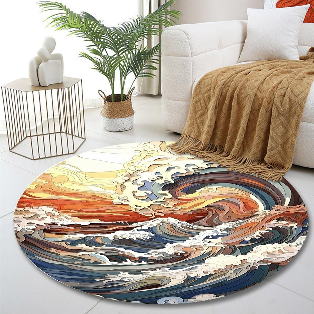 Abstract Ocean Waves Art Print round rug, living room, bedroom, playroom carpet, non slip floor mat, gift