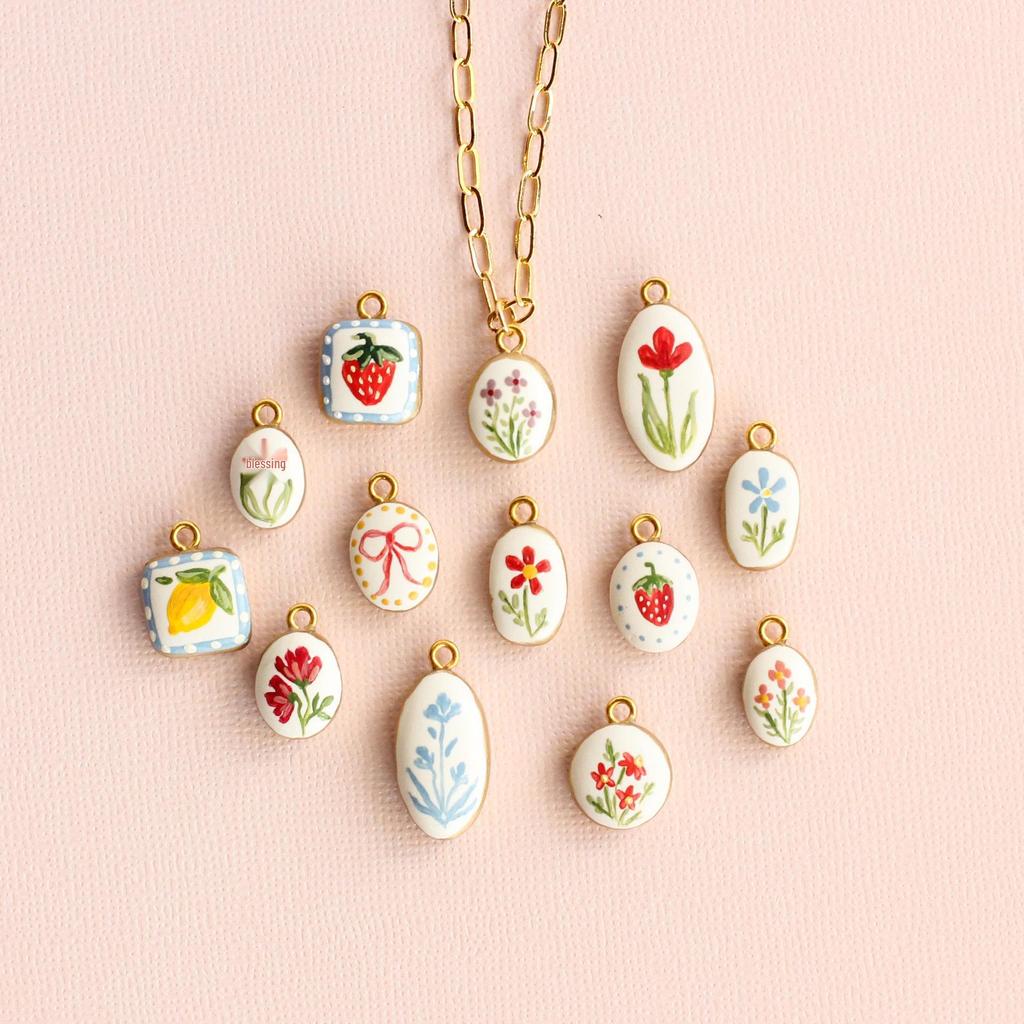 European-American Fresh Plant Series: Lemongrass & Strawberry Bow Pendant Necklace, Clavicle Chain Copper.