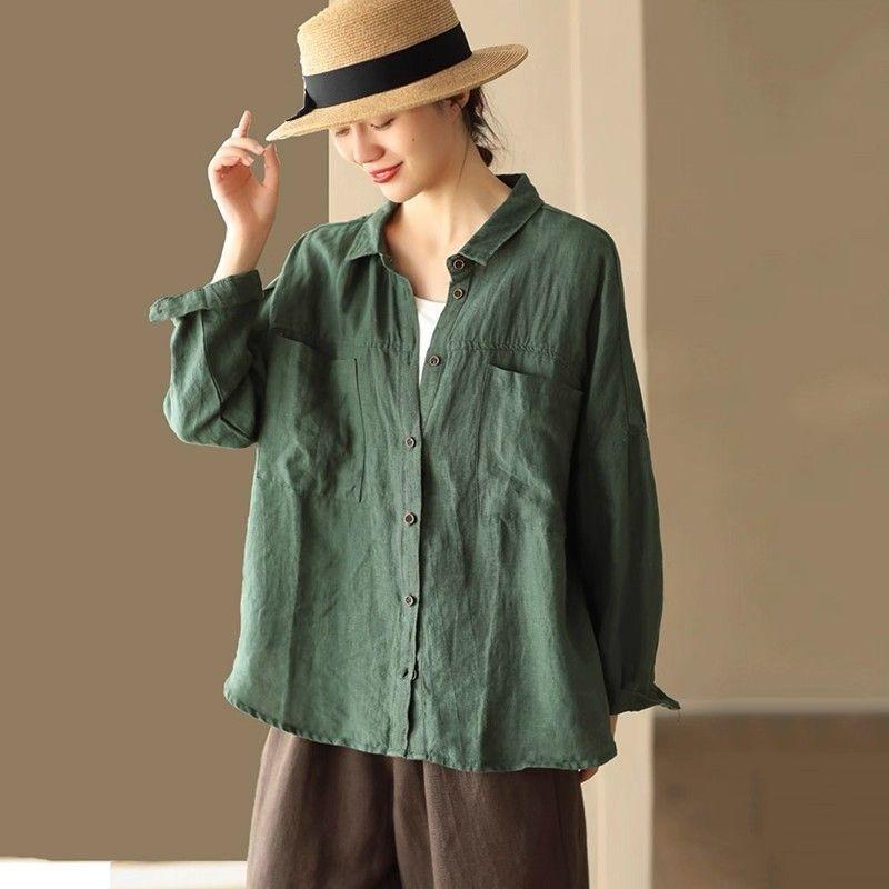 Chemise Polo Manches Longues Vintage en Coton et Lin pour Femme Blouse Décontractée