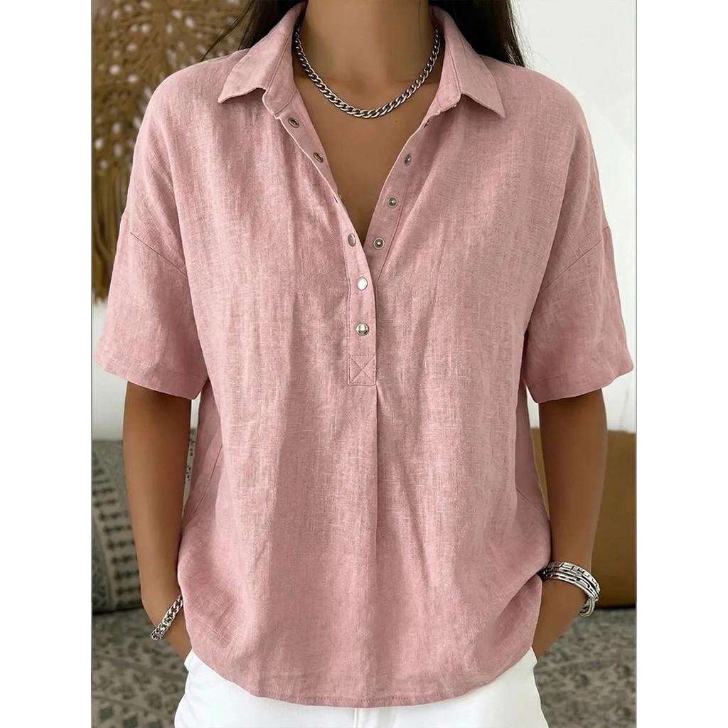 Summer Women's Loose Comfortable Solid Color Lapel Short Sleeve Shirt, European American Style Casual Blouse for Crossborder