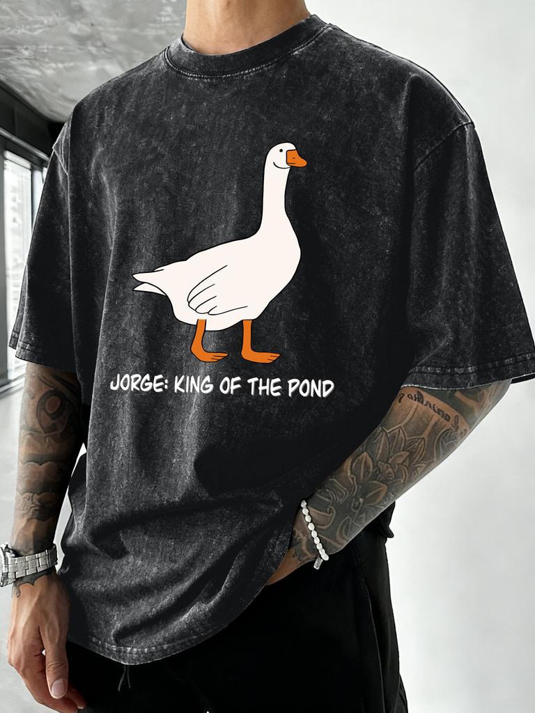 Jorge King Of The Pond Print Washed T Shirt Men Summer Breathable Tops Cotton Vacation Streetwear Hip Hop Loose Tee Shirts