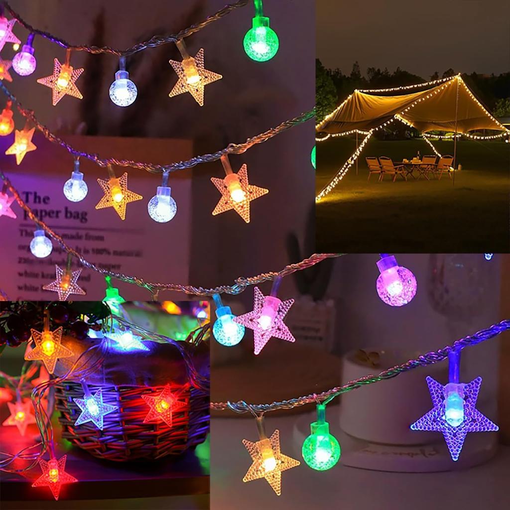 Nechique Solar LED String Lights, 12m, 100 Bulbs, Flexible, Crystal Ball & Star Combination, Outdoor Waterproof IP44, 8 Flashing Patterns, Perfect for