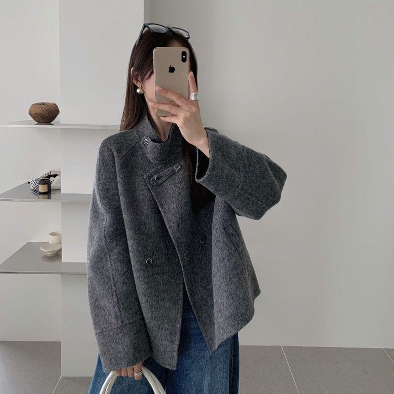 Women s Stand Collar Cropped Woolen Fleece Coat - 2025 Autumn/Winter Loose Fit Petite Style S 85-120 lbs