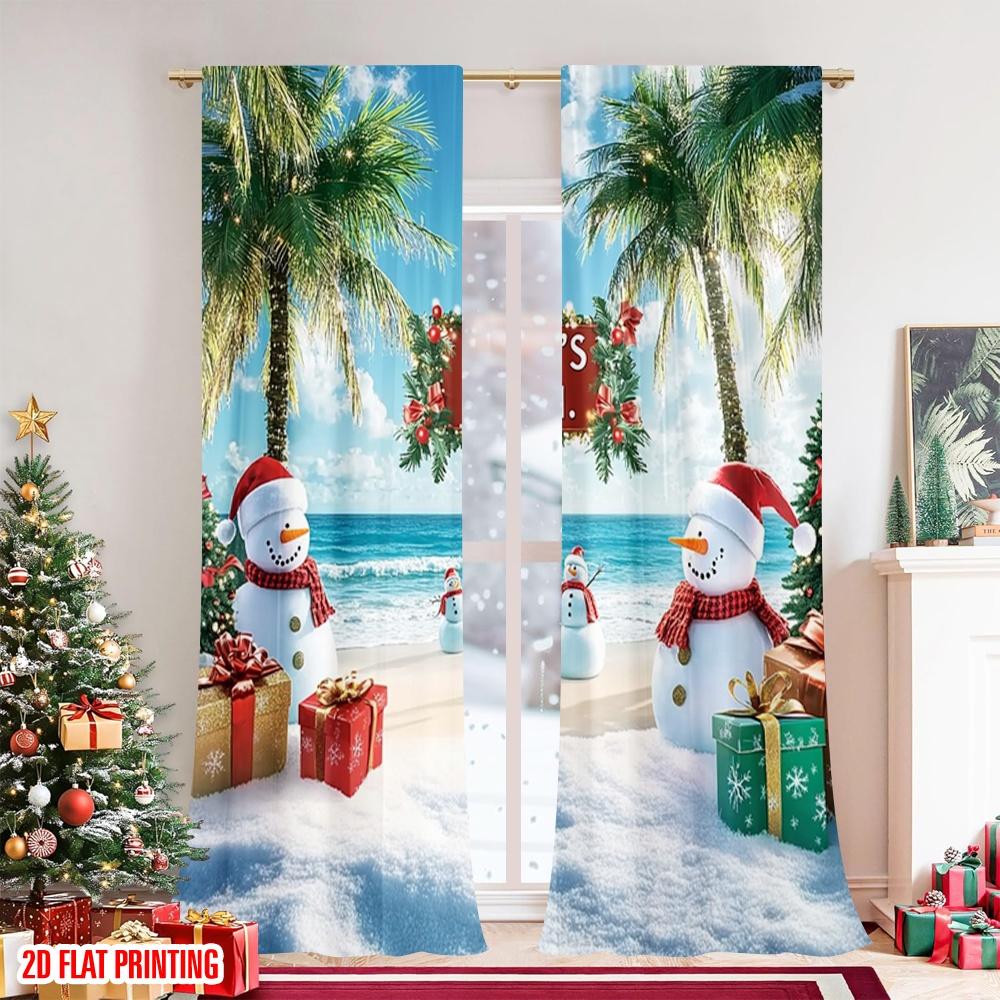 Set Of 2 Flat Printing Christmas Party Curtain Santa Claus Beach Tropical Snowman Polyester Without Electricity Spring Perfect Made