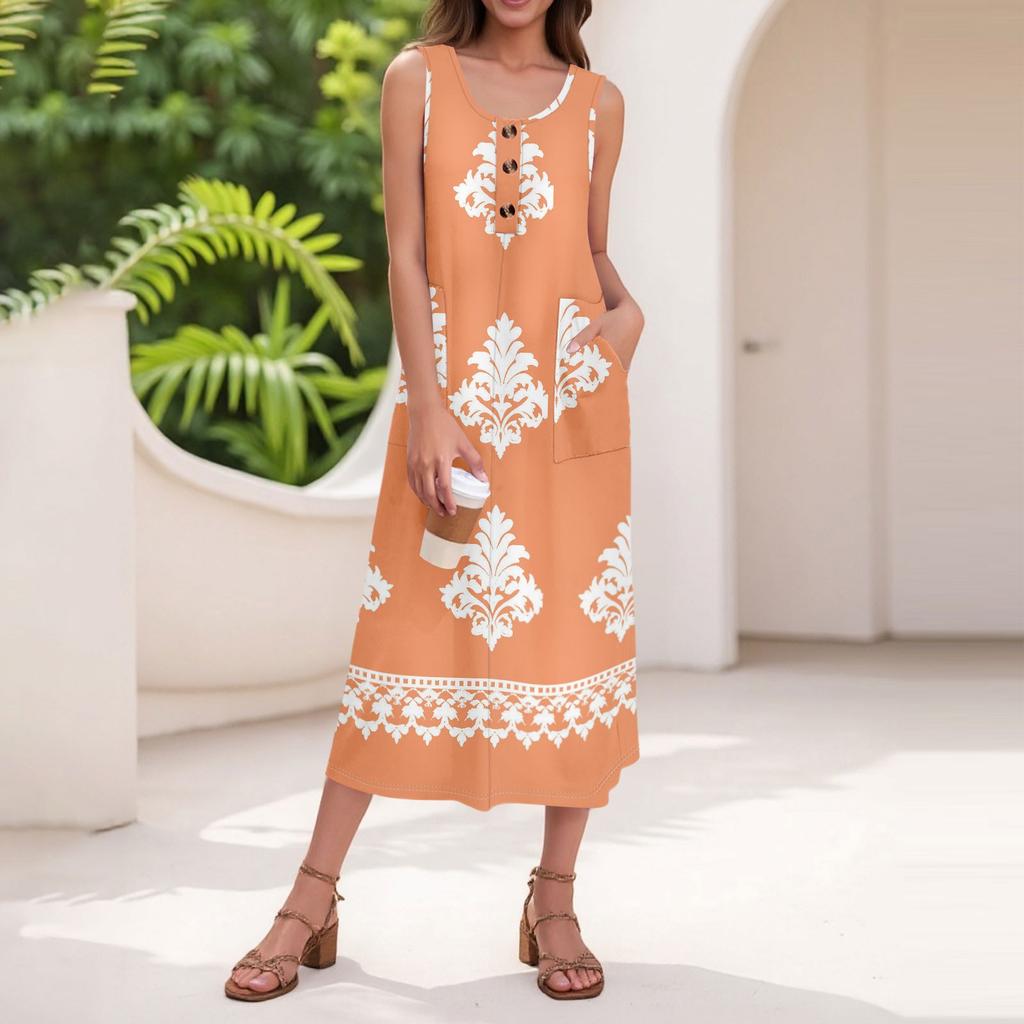 Women's Summer Casual Fashion Retro Printed Sleeveless Button Casual Long Dress