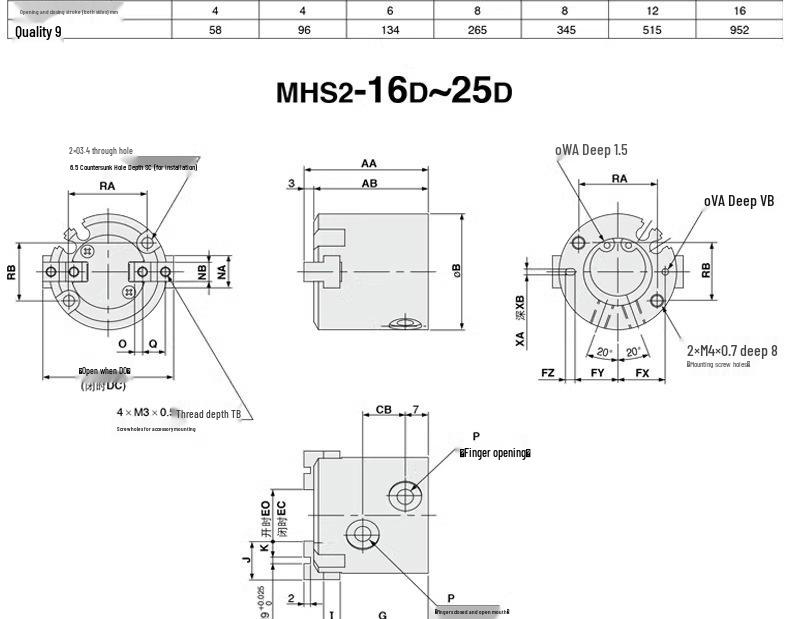 Pneumatic Gripper with Dual, Triple, and Quad Jaw Options: MHS2/3/4-16D/25D/40D/50/63D Clamping Cylinder