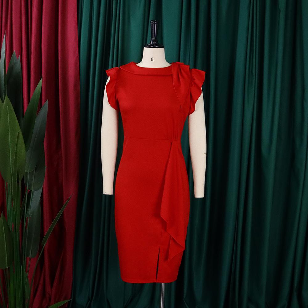 Large Size Women Summer Fashion Solid Ruffled Dress Ladies Elegant One Piece Slit Dress