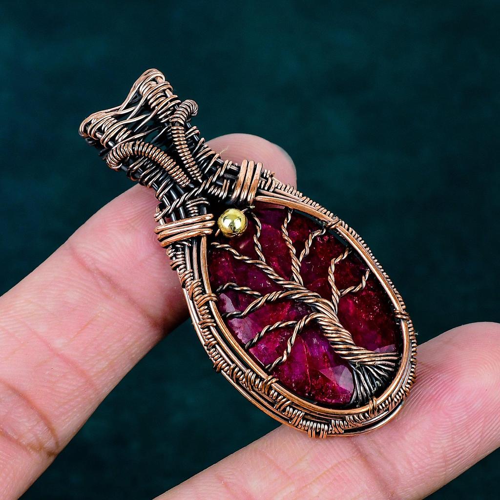 Faceted Kashmir Ruby Pendant Elegant Jewelry Copper Wire Wrapped Jewelry Real Handmade Gemstone Pendant Tree of Life Jewelry Gift for Her