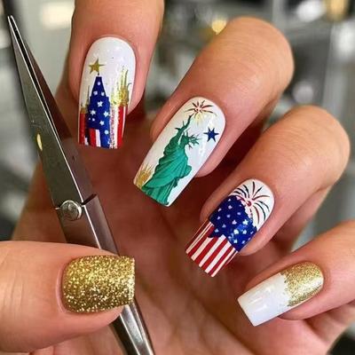 24 Pcs Star Artificial Nail Long Square Full Cover False Nail 4th of July Stick On Nail Independence Day Press On Nail