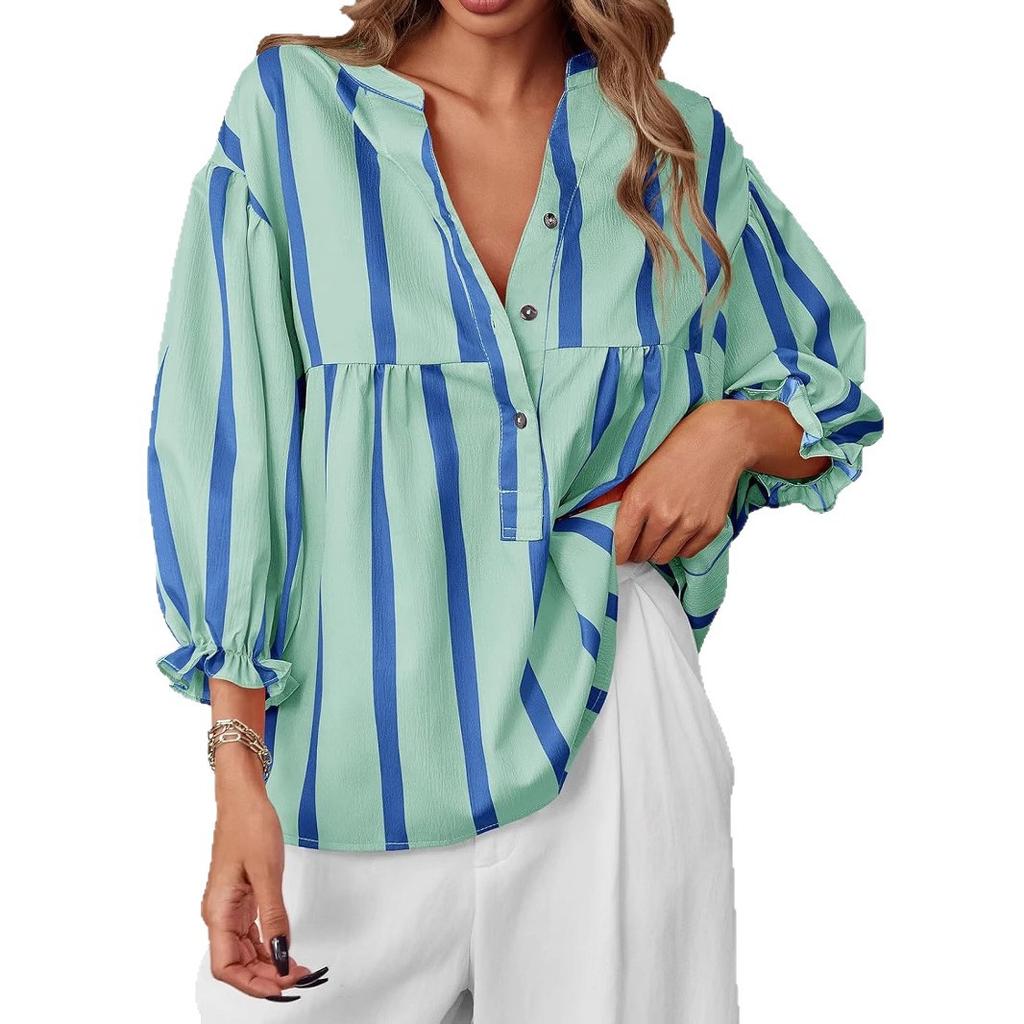 New Summer and Autumn Striped Shirt with Puffed Sleeves and Loose Top for Women