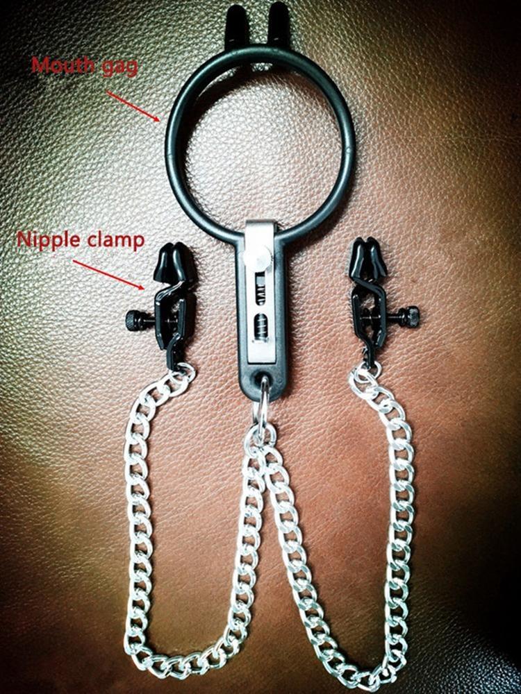 Mouth Spreader with Nipple Clamps Open Mouth O Ring Gag Oral Sex Harness Restraints Toys