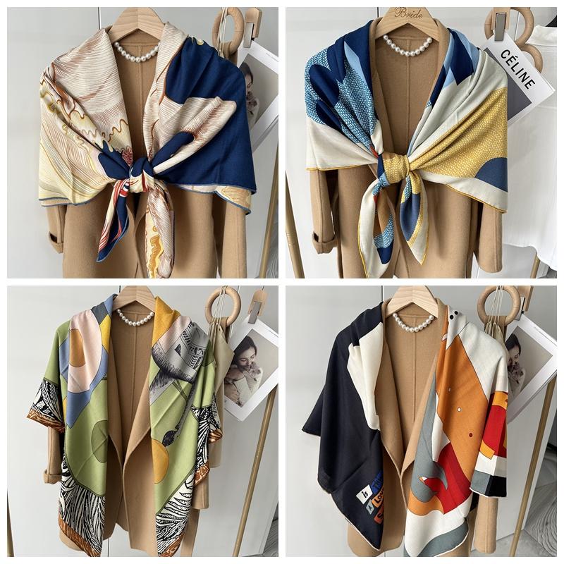 130*130cm 30% Seide +70% Wolle Schal Retro Vintage Luxuriös Weich Stola Groß Warm Winter Wickeltuch für Damen