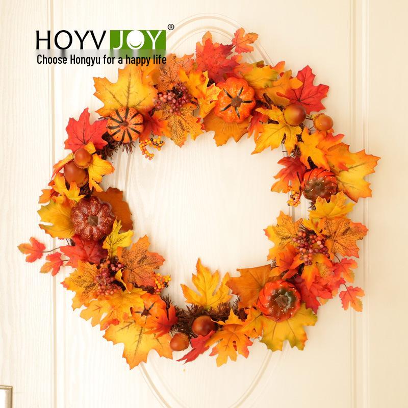 Hong Yu Autumn Thanksgiving Wreath: Maple Leaf & Acorn Decor for Windows or Mall Displays 60cm PVC Autumn Acorn Wreath - No Light