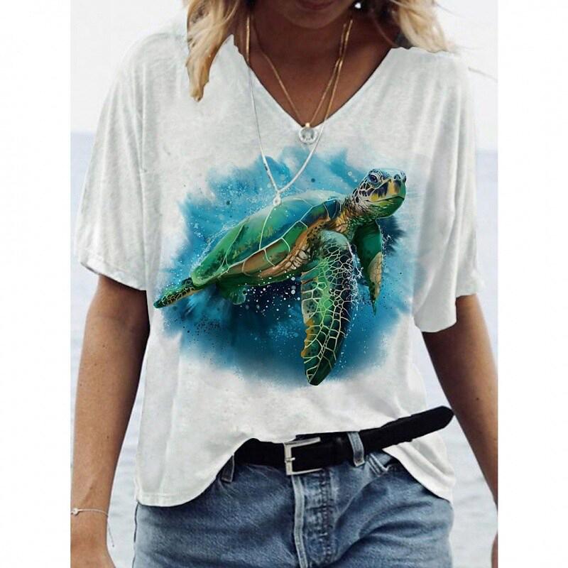 Summer Sea Turtle 3D Print T Shirt Women V-Neck Short Sleeve T-shirts Y2k Tops Harajuku Streetwear Oversized Tee Woman Clothing