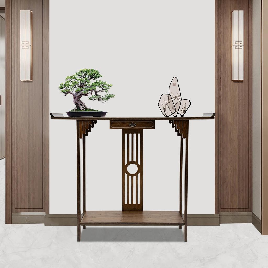 2-Layer Walnut Color Bamboo Entryway Table with Drawer & Storage Shelf, 800 Lbs Capacity Console Table for Living Room, Hallway