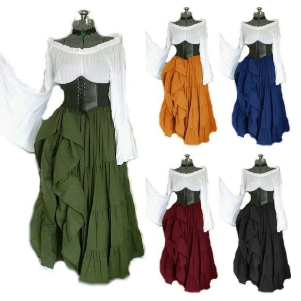 Abito Maxi da Donna Off-Shoulder a Manica Lunga Vestibilità Larga Vita Alta Abito Cosplay Rinascimentale Medievale