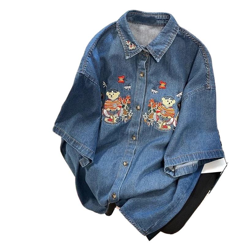 Broderte Teddybjørn Denim Dameskjorter Sommer Løse Kortarmede Bluser Amerikansk Retro Nedbrettskrage Cardigan