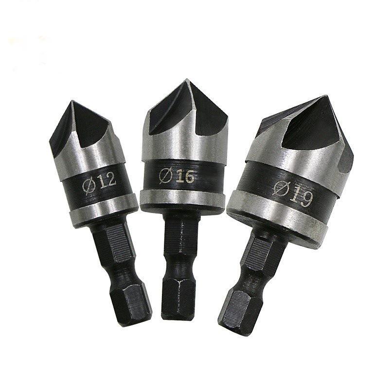90° Carbon Steel Hex Shank 5-Flute Countersink Set (12/16/19mm) – 3-Piece Woodworking Chamfering Tool, Tax Included