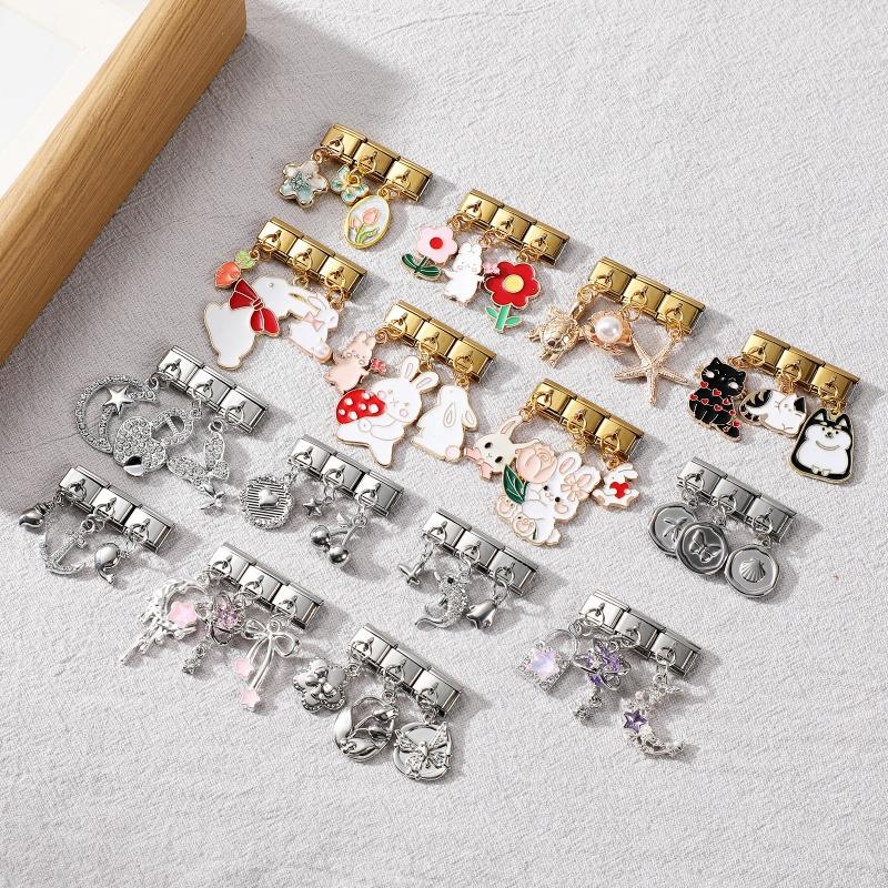 3PCS Brilliant Butterfly Dog Rabbit Shell Tulip Moon Y2K Pendant Charm Links Fit 9mm Stainless Steel Bracelet DIY Making Gift