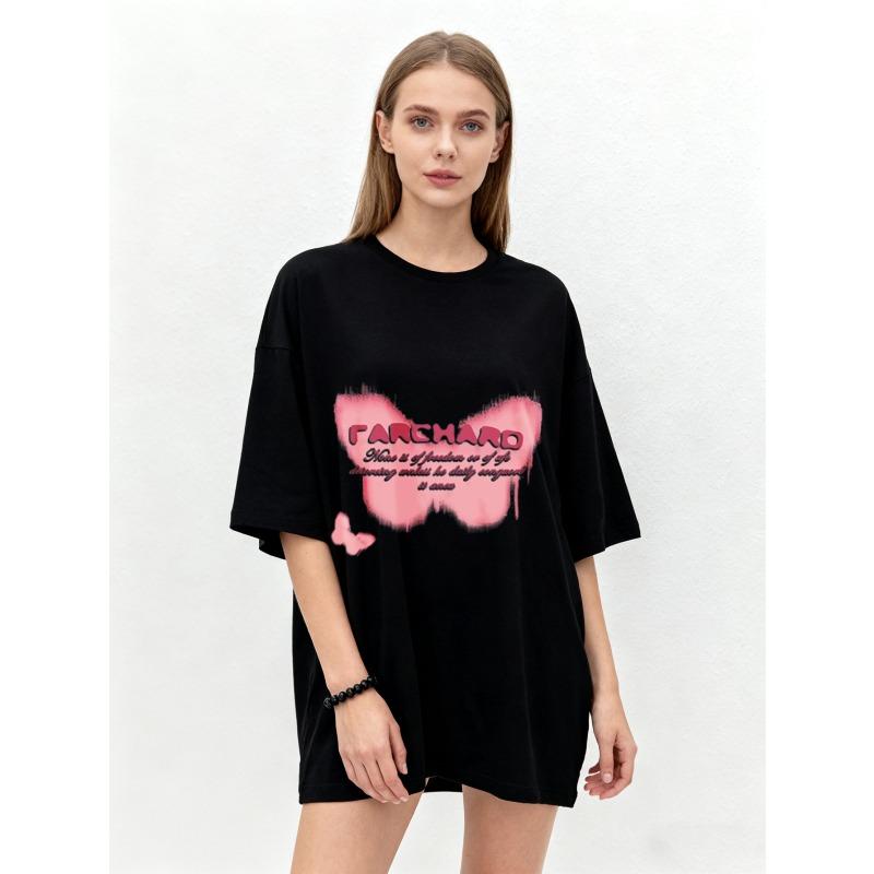 

Oversized T Shirt Black Pink Butterfly Print With Farshard Text Graphic Casual Streetwear Fashion For Women Summer Outfit XXXXL чёрный