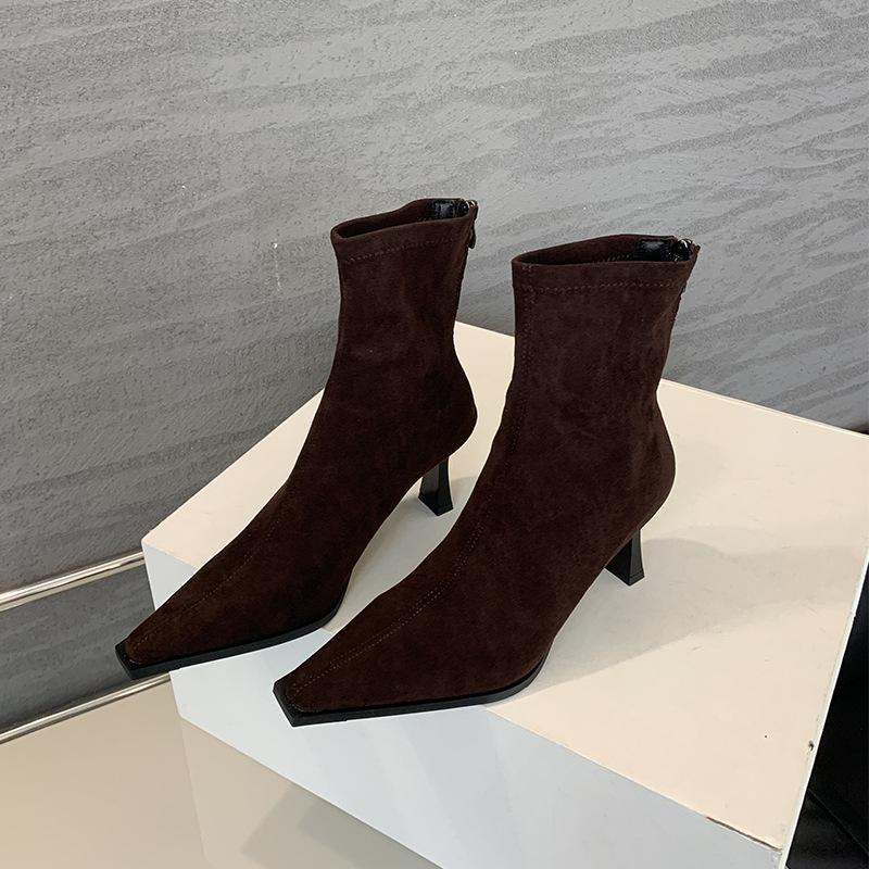 2025 Autumn and Winter New Pointed Thin Heel Sexy Short Boots Women's Black Suede High Heel Rear Zipper Elastic Thin Boots Women