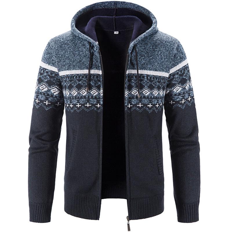 Men's Autumn Winter Zippered Hooded Sweater Cardigans - Thick Patterned Warm Knitwear for Casual Style