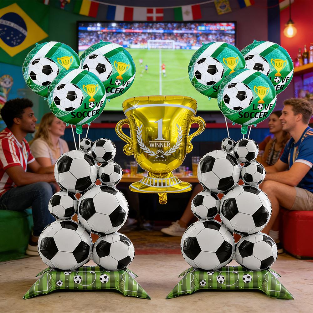 9Pcs Soccer Theme Foil Balloon Set, Standing Football Stack & Golden Champion Trophy Mylar Balloons, 18-Inch Round Soccer Balloon
