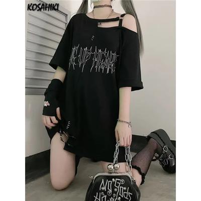 Girl Letter Print Off Shoulder Punk T-shirts Women Casual Street Black Gothic T Shirt Harajuku Streetwear Aesthetic
