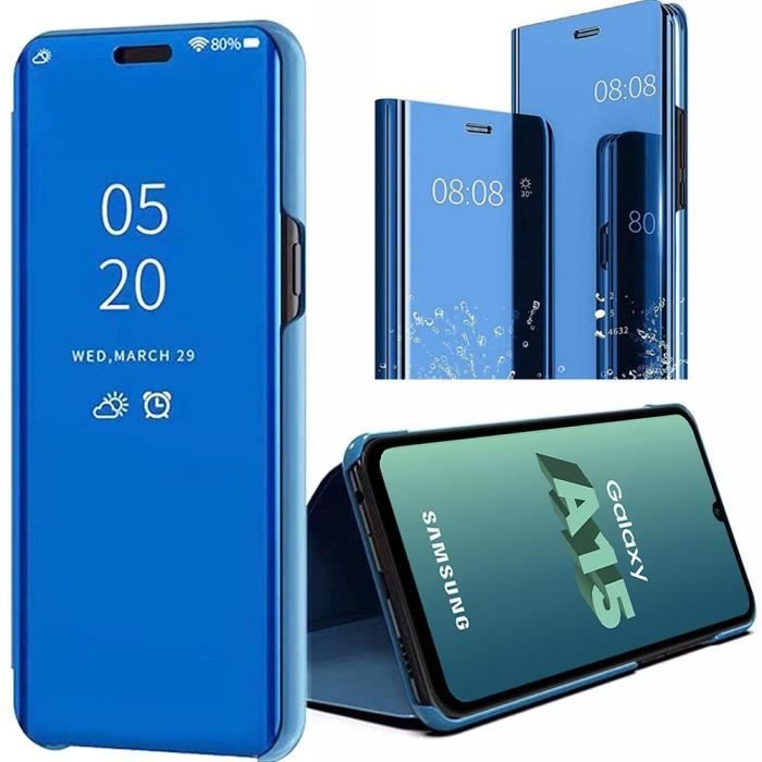 Coque pour Samsung Galaxy A15 4G-5G, 360° Antichoc, Effet Chromé Miroir, Flip Clear View avec Fonction de Suppport - Bleu