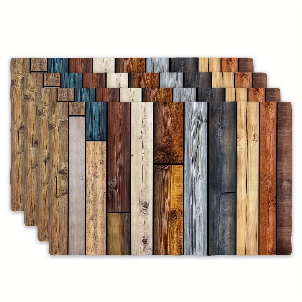 4pc S Polyester Wooden Plank Table Mats - Rectangular, Multi-Color, Durable Indoor/Outdoor Kitchen & Dining Decor for Parties, Bi