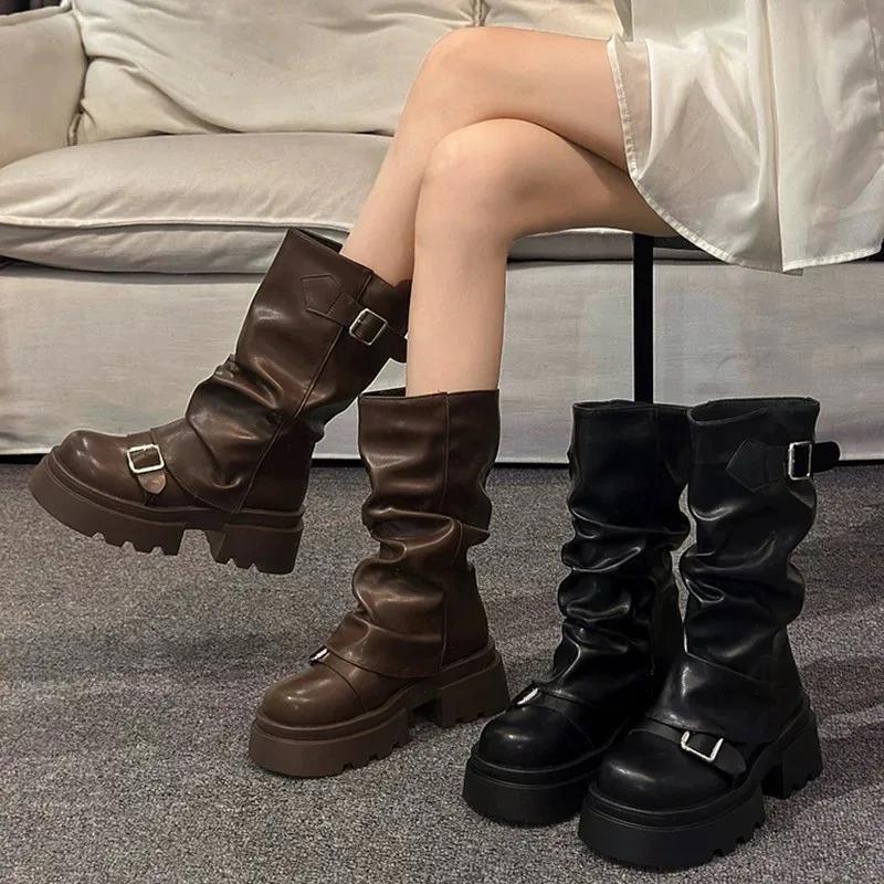 Fashion Women Western Cowgirl Booties Fashion Slip On Mid Calf Booties Retro Style Thick Heel Autumn Female Shoes 2025