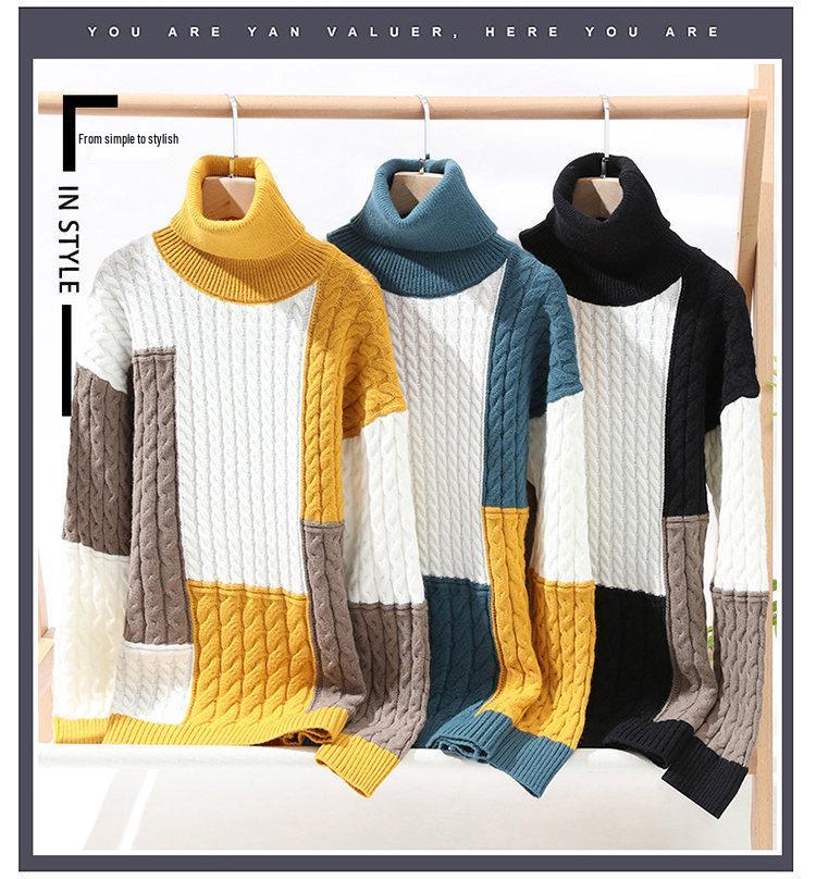 Men's Trendy High Collar Color Block Knit Pullover Sweater for Spring and Autumn