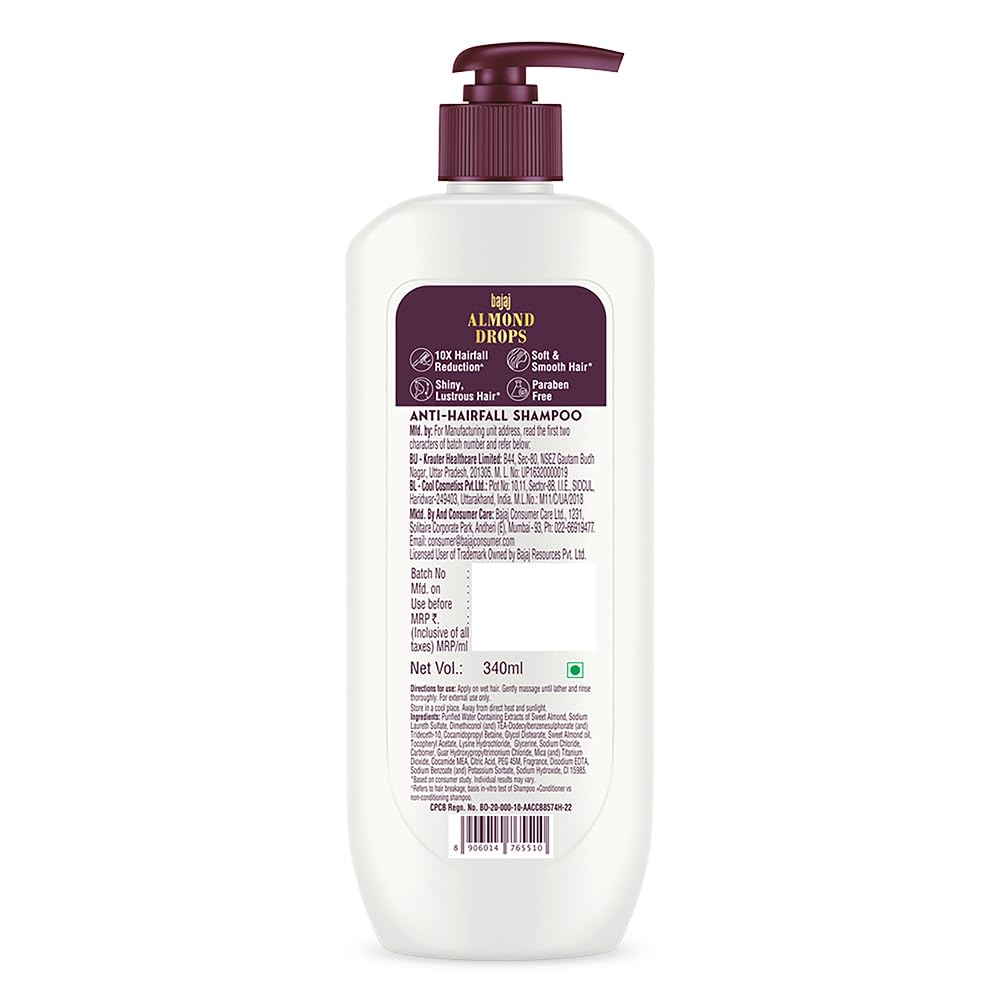 Bajaj Almond Drops Anti Hairfall Shampoo 340ML With Almond Oil Vitamin E For Soft Shiny Hair 10X Hairfall Reduction