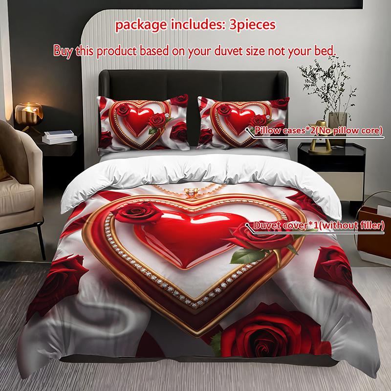 

3Pcs Romantic Red Rose Heart Bedding Duvet Cover Set Luxury Heart Bedding Quilt Set Valentine S Day Themed Bed Quilt Set Elegant Duvet Cover Set&EU Single(135x200cm)