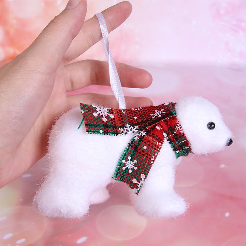 Christmas Cute Flocking White Bear Christmas Tree Ornaments Xmas Hanging Tree Pendants Toy Decoration Gift For Girl Boy Kid