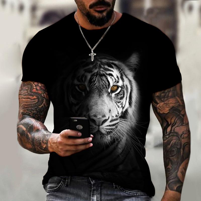 Summer Round Neck 3D Tiger Print Top Fashionable Casual Short Sleeved Men's T-shirts